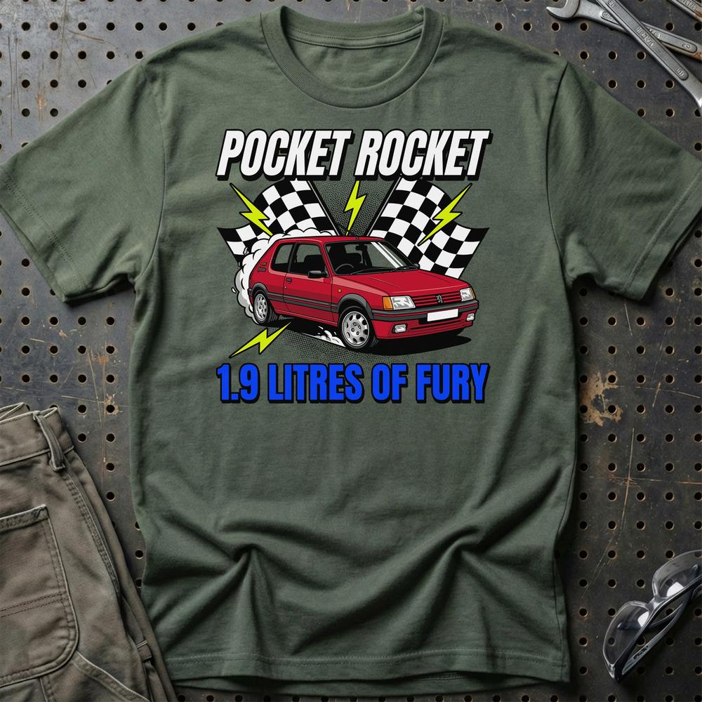 Peugeot 205 GTI Pocket Rocket 1.9 Litres of Fury- Unisex T-Shirt-Beklædning-Peugeot-Grøn Militær-S-Garage Culture Shop- garage - man cave - merchandise