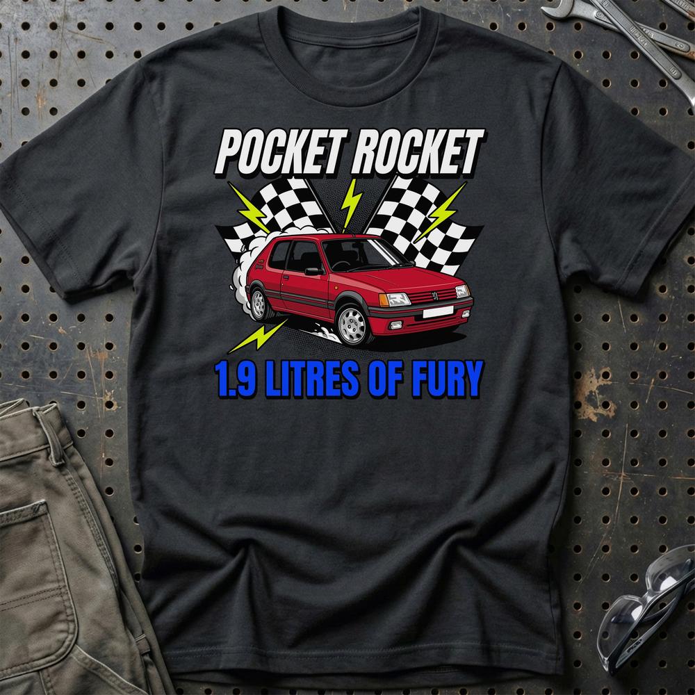Peugeot 205 GTI Pocket Rocket 1.9 Litres of FuryT-Shirt-Beklædning-Peugeot-Sort-S-Garage Culture Shop- garage - man cave - merchandise