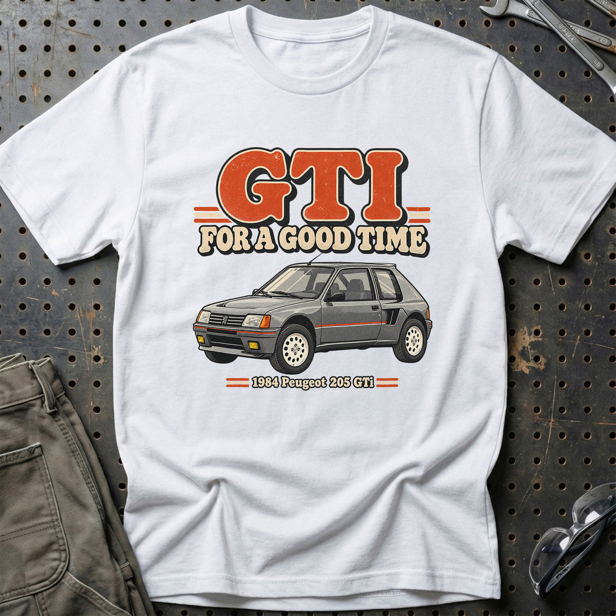 
Peugeot 205 GTi 1984 – GTI for a Good Time T-Shirt – Hvid
