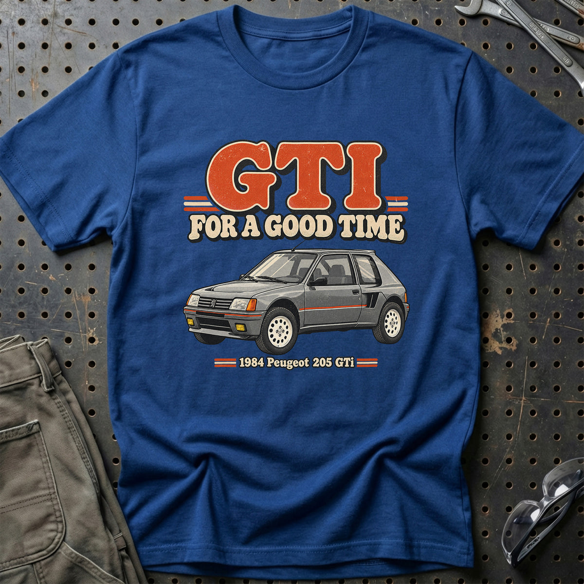 
Peugeot 205 GTi 1984 – GTI for a Good Time T-Shirt – Blå Royal