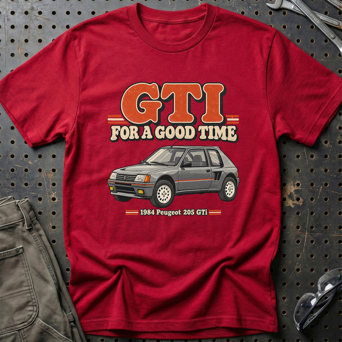 
Peugeot 205 GTi 1984 – GTI for a Good Time T-Shirt – Rød