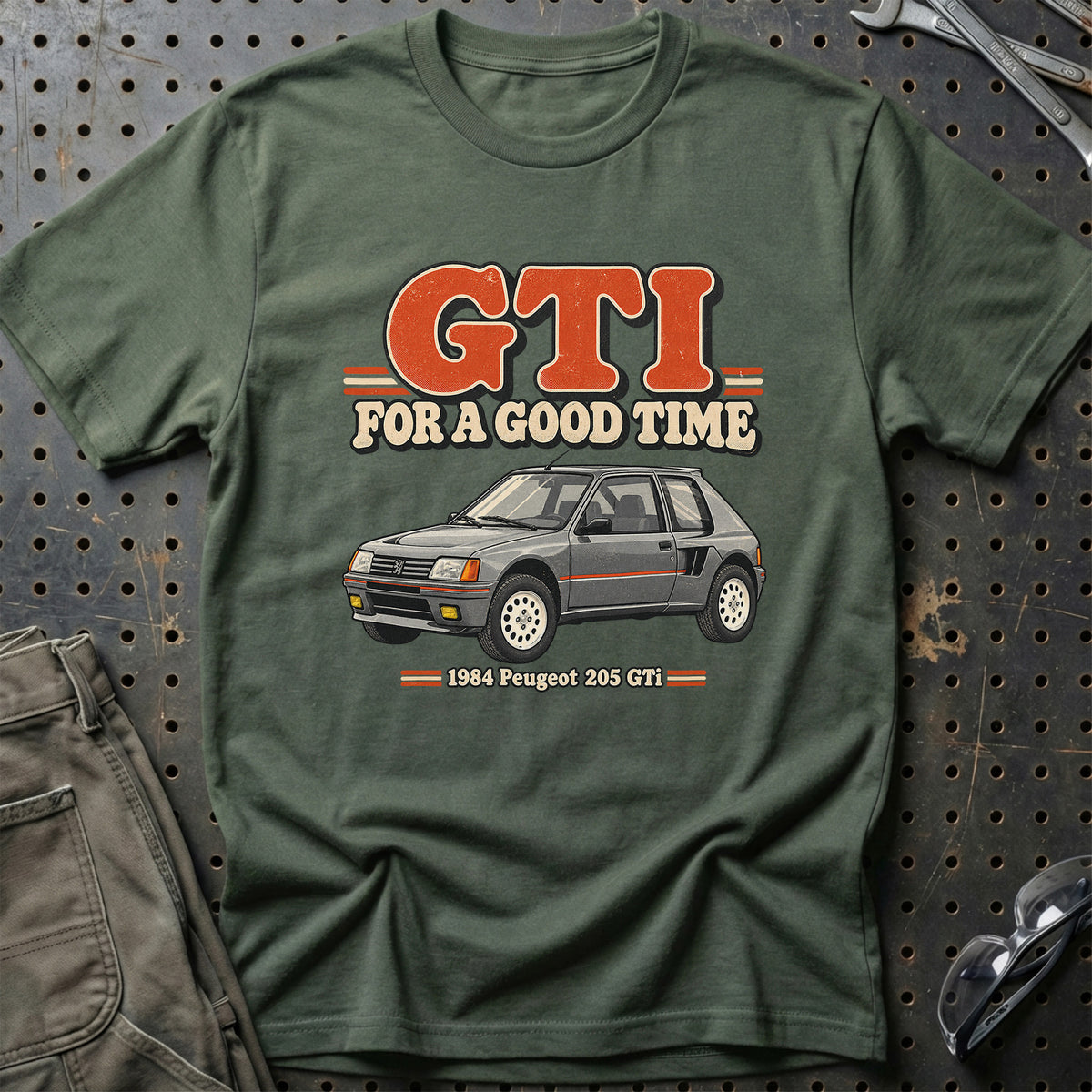 
Peugeot 205 GTi 1984 – GTI for a Good Time T-Shirt – Grøn Militær