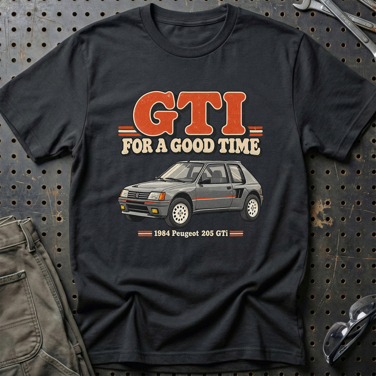 
Peugeot 205 GTi 1984 – GTI for a Good Time T-Shirt – Sort