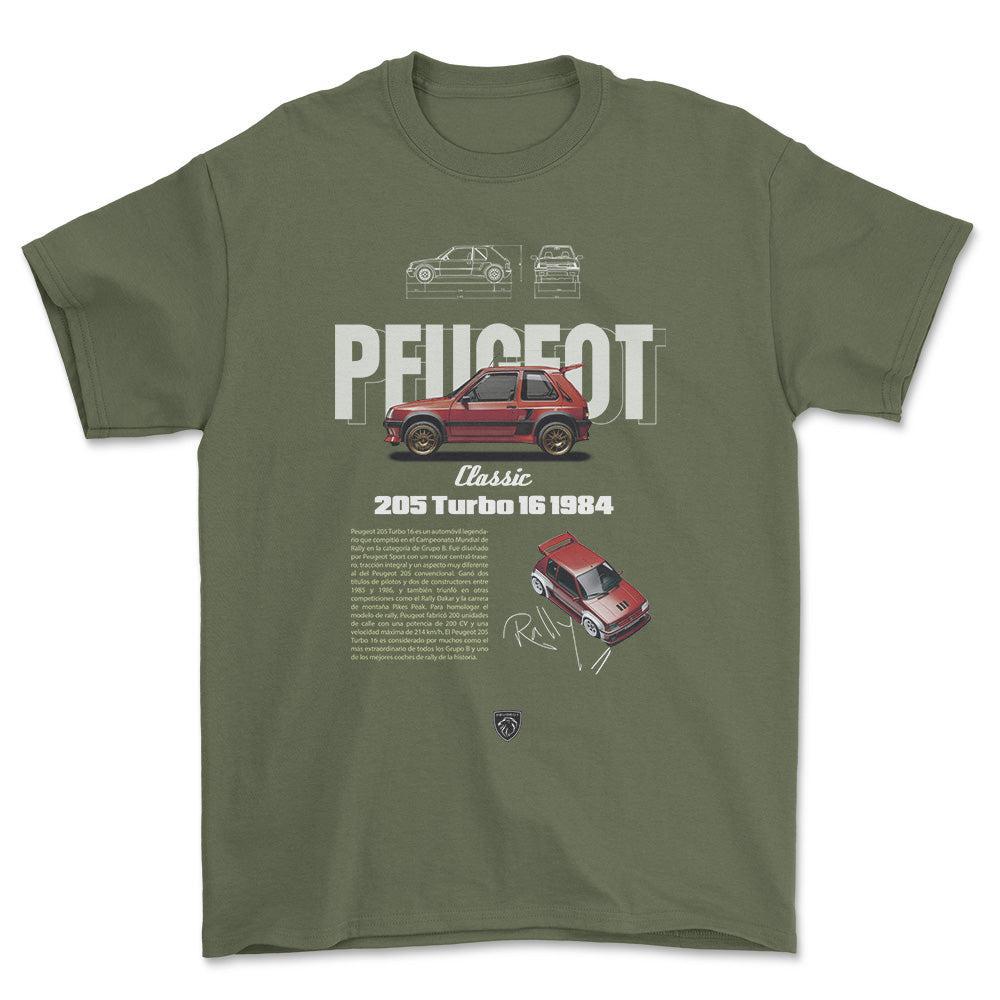 Peugeot 205 - Unisex T-Shirt , Bomuld-Beklædning-Peugeot-Grøn Militær-S-Forside-Garage Culture Shop- garage - man cave - merchandise