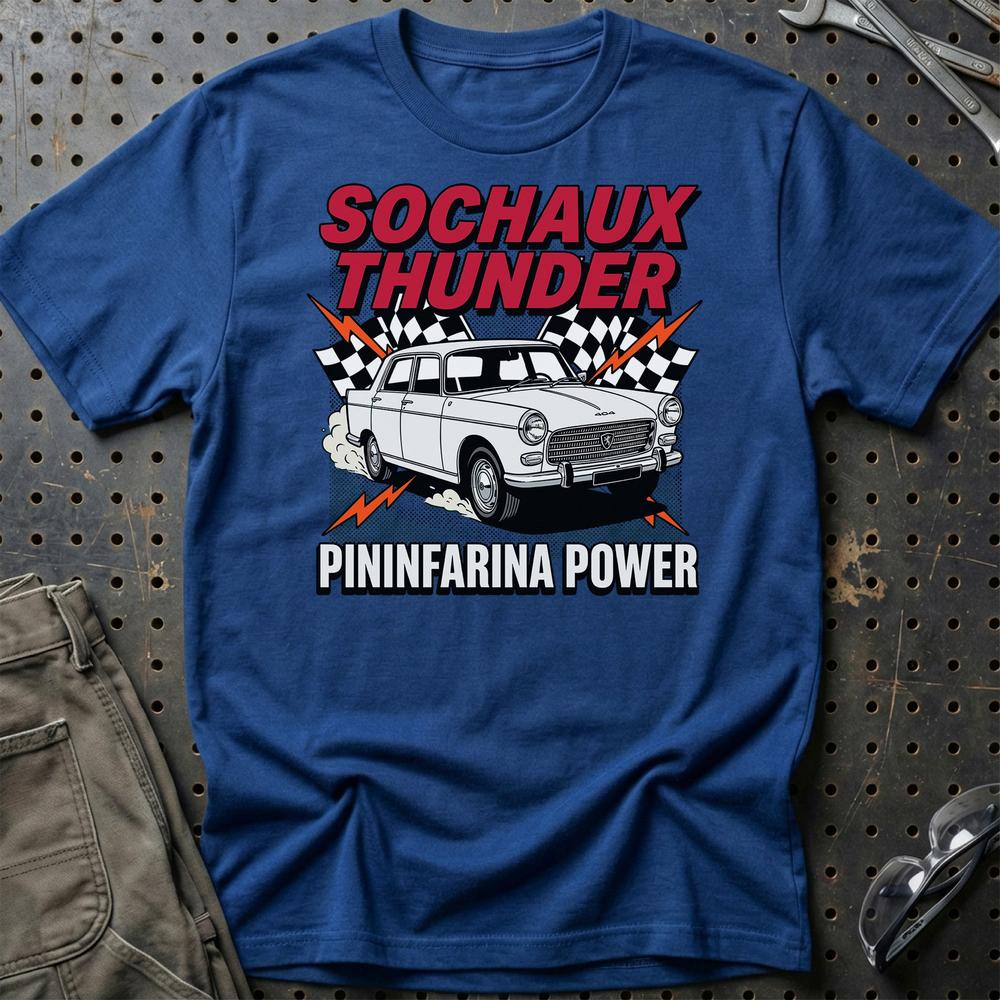Peugeot 404 Sochaux Thunder Pininfarina Power - Unisex T-Shirt-Beklædning-Peugeot-Blå Royal-S-Garage Culture Shop- garage - man cave - merchandise