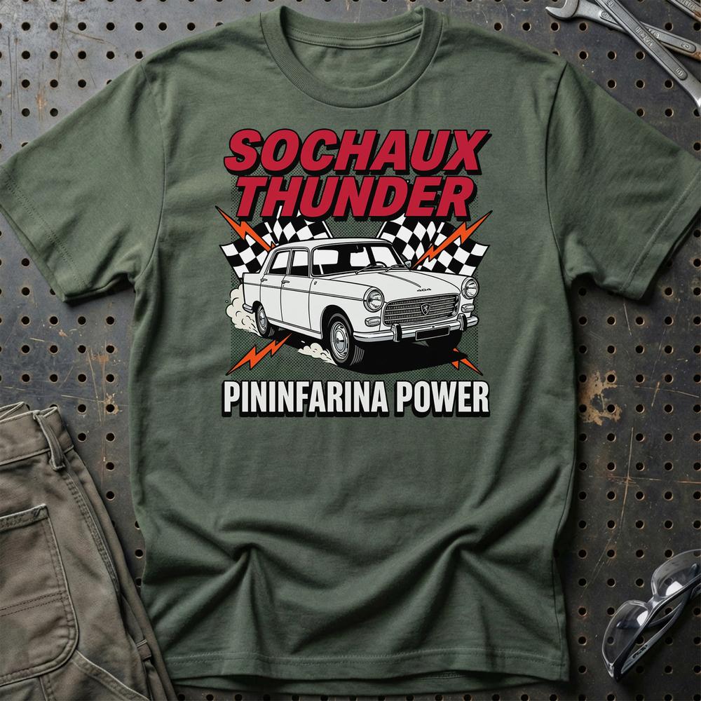 Peugeot 404 Sochaux Thunder Pininfarina Power - Unisex T-Shirt-Beklædning-Peugeot-Grøn Militær-S-Garage Culture Shop- garage - man cave - merchandise