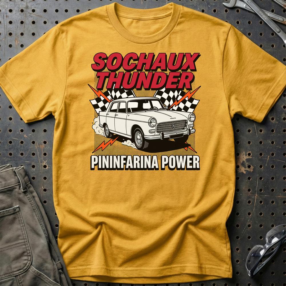 Peugeot 404 Sochaux Thunder Pininfarina Power - Unisex T-Shirt-Beklædning-Peugeot-Guld-S-Garage Culture Shop- garage - man cave - merchandise