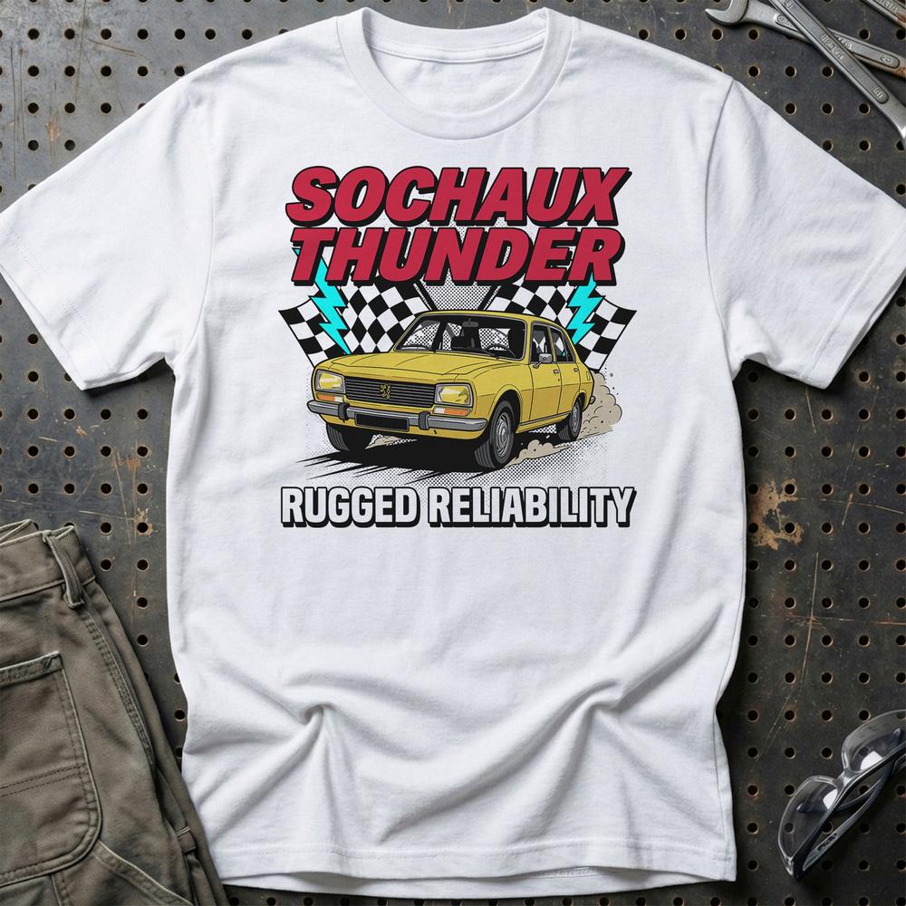 Peugeot 504 Sochaux Thunder Rugged Reliability - Unisex T-Shirt-Beklædning-Peugeot-Hvid-S-Garage Culture Shop- garage - man cave - merchandise