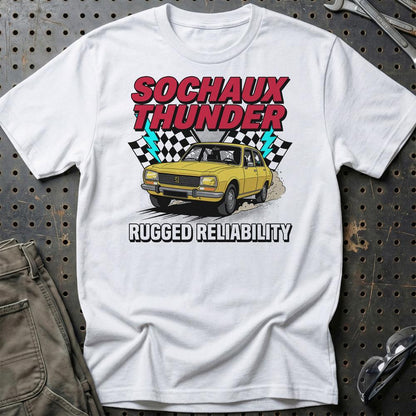 Peugeot 504 Sochaux Thunder Rugged Reliability - Unisex T-Shirt-Beklædning-Peugeot-Hvid-S-Garage Culture Shop- garage - man cave - merchandise