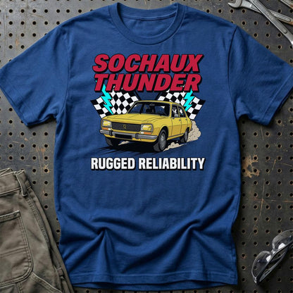 Peugeot 504 Sochaux Thunder Rugged Reliability - Unisex T-Shirt-Beklædning-Peugeot-Blå Royal-S-Garage Culture Shop- garage - man cave - merchandise