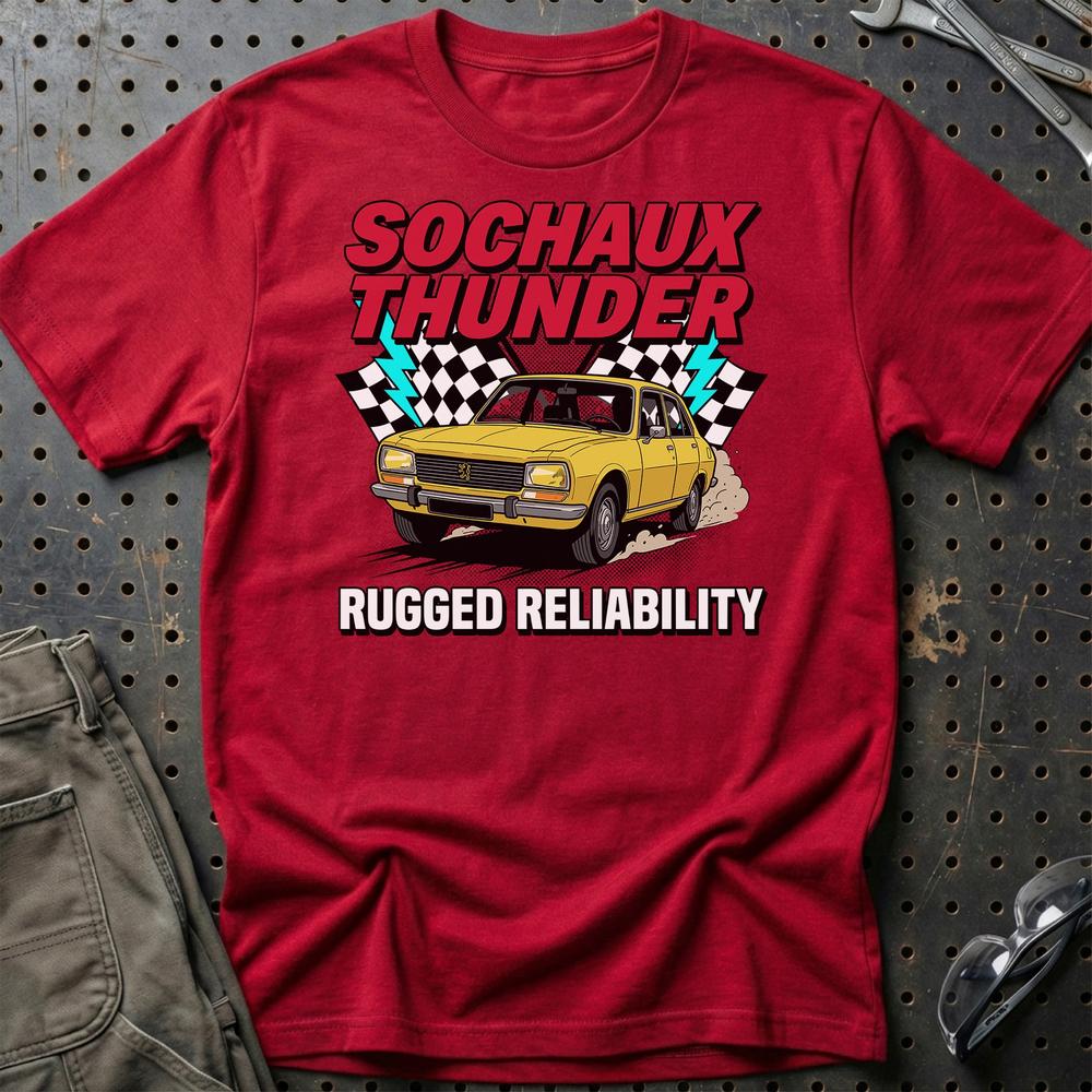 Peugeot 504 Sochaux Thunder Rugged Reliability - Unisex T-Shirt-Beklædning-Peugeot-Rød-S-Garage Culture Shop- garage - man cave - merchandise