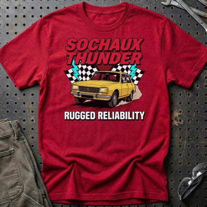 Peugeot 504 Sochaux Thunder Rugged Reliability - Unisex T-Shirt-Beklædning-Peugeot-Rød-S-Garage Culture Shop- garage - man cave - merchandise