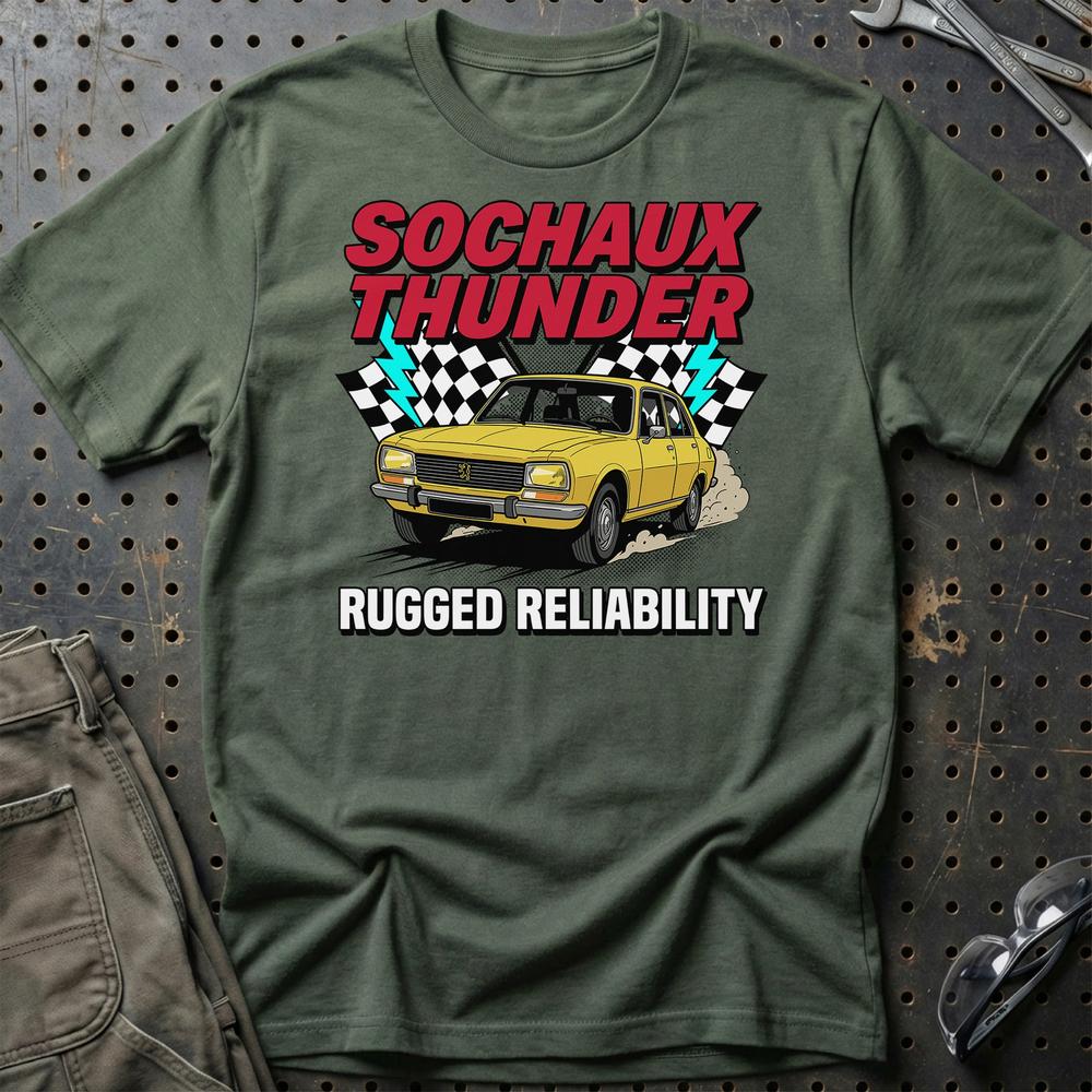 Peugeot 504 Sochaux Thunder Rugged Reliability - Unisex T-Shirt-Beklædning-Peugeot-Grøn Militær-S-Garage Culture Shop- garage - man cave - merchandise