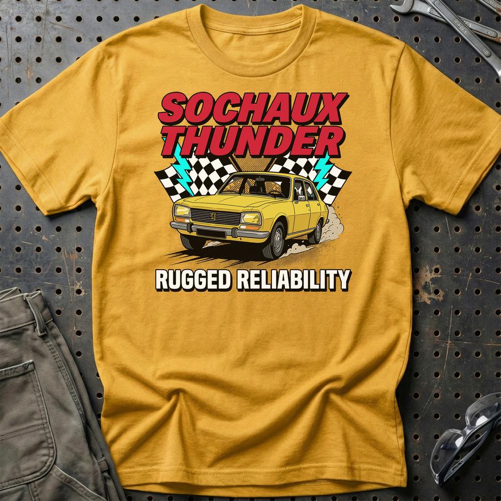Peugeot 504 Sochaux Thunder Rugged Reliability - Unisex T-Shirt-Beklædning-Peugeot-Guld-S-Garage Culture Shop- garage - man cave - merchandise