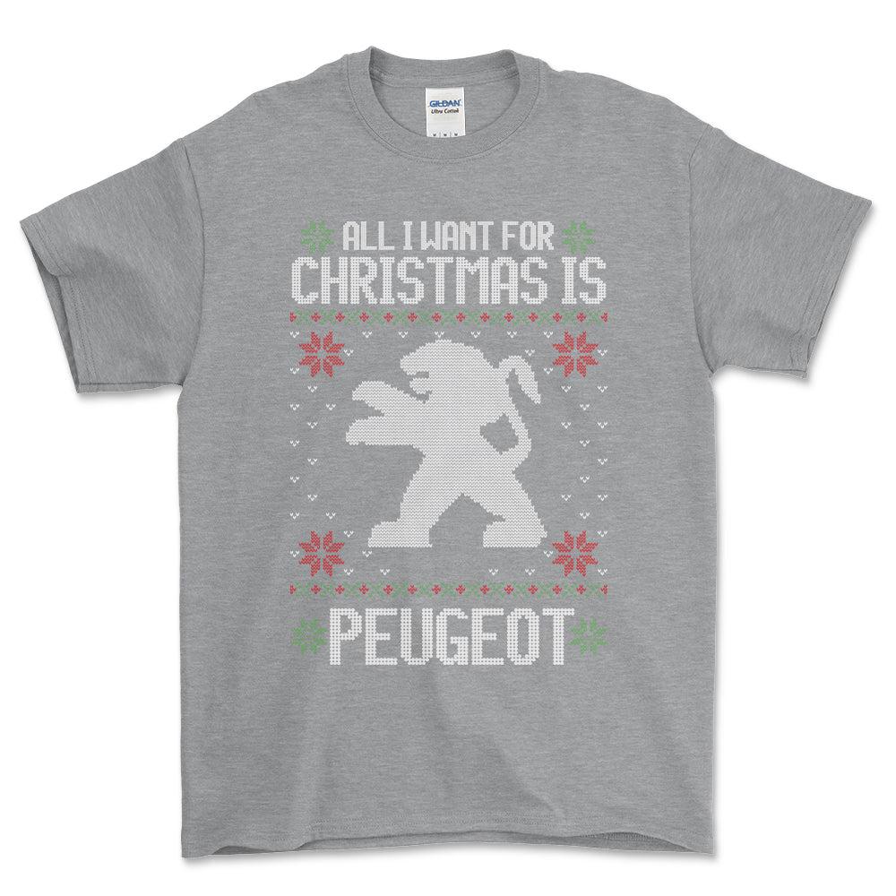 Peugeot - All I Want For Christmas - Unisex T-Shirt , Bomuld-Beklædning-Peugeot-Grå Sport-S-Forside-Garage Culture Shop- garage - man cave - merchandise