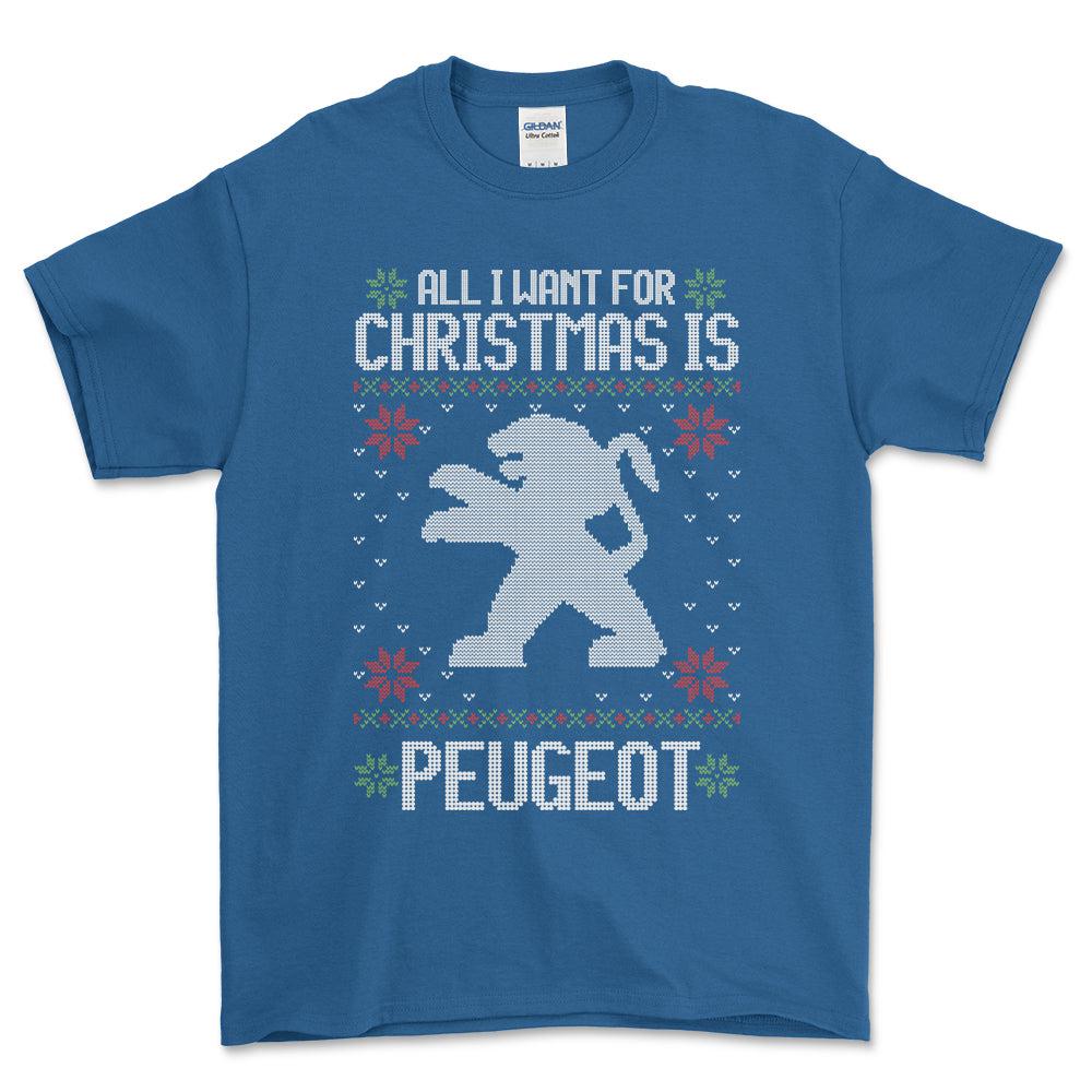 Peugeot - All I Want For Christmas - Unisex T-Shirt , Bomuld-Beklædning-Peugeot-Blå Royal-S-Forside-Garage Culture Shop- garage - man cave - merchandise
