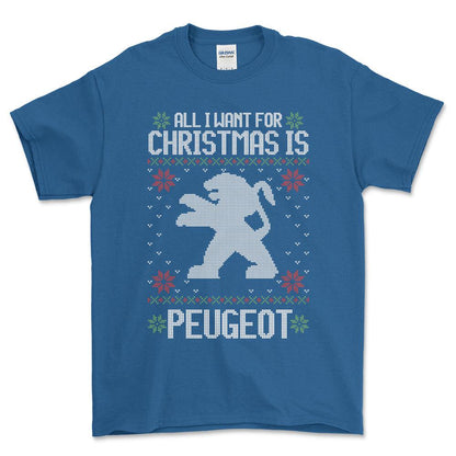 Peugeot - All I Want For Christmas - Unisex T-Shirt , Bomuld-Beklædning-Peugeot-Blå Royal-S-Forside-Garage Culture Shop- garage - man cave - merchandise