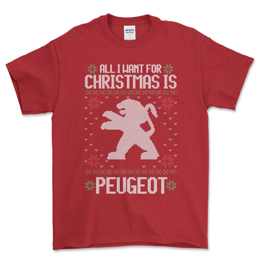 Peugeot - All I Want For Christmas - Unisex T-Shirt , Bomuld-Beklædning-Peugeot-Rød-S-Forside-Garage Culture Shop- garage - man cave - merchandise