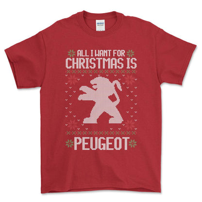 Peugeot - All I Want For Christmas - Unisex T-Shirt , Bomuld-Beklædning-Peugeot-Rød-S-Forside-Garage Culture Shop- garage - man cave - merchandise