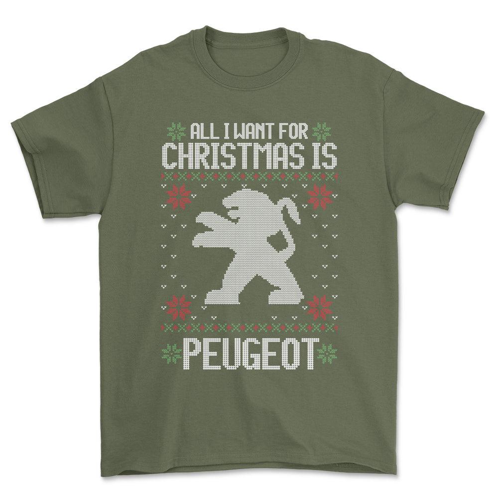Peugeot - All I Want For Christmas - Unisex T-Shirt , Bomuld-Beklædning-Peugeot-Grøn Militær-S-Forside-Garage Culture Shop- garage - man cave - merchandise