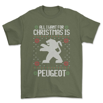 Peugeot - All I Want For Christmas - Unisex T-Shirt , Bomuld-Beklædning-Peugeot-Grøn Militær-S-Forside-Garage Culture Shop- garage - man cave - merchandise
