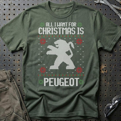 Peugeot - All I Want For Christmas - Unisex T-Shirt , Bomuld-Beklædning-Peugeot-Grøn Militær-S-Garage Culture Shop- garage - man cave - merchandise