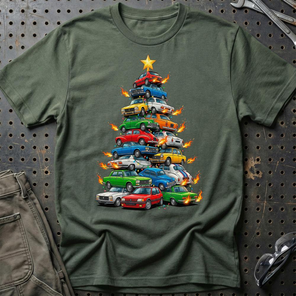 Peugeot Juletræ Christmas Tree - Unisex T-Shirt-Beklædning-Peugeot-Grøn Militær-S-Garage Culture Shop- garage - man cave - merchandise