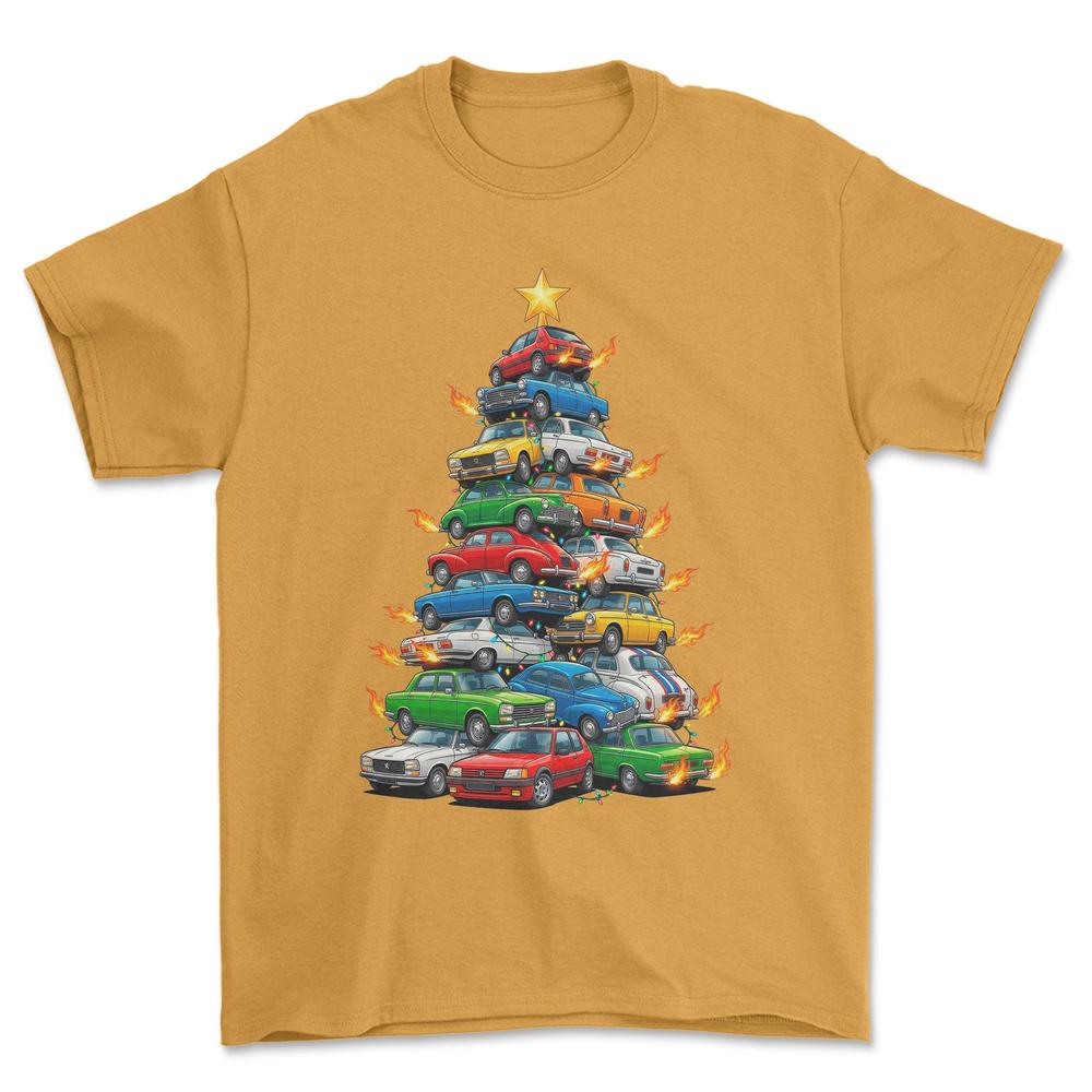 Peugeot Juletræ Christmas Tree - Unisex T-Shirt-Beklædning-Peugeot-Guld-S-Forside-Garage Culture Shop- garage - man cave - merchandise