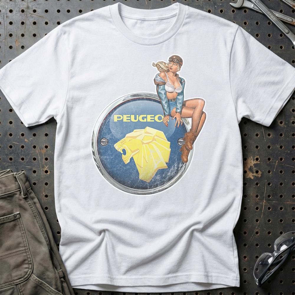 Peugeot Pinup T-Shirt-Beklædning-Peugeot-Hvid-S-Garage Culture Shop- garage - man cave - merchandise