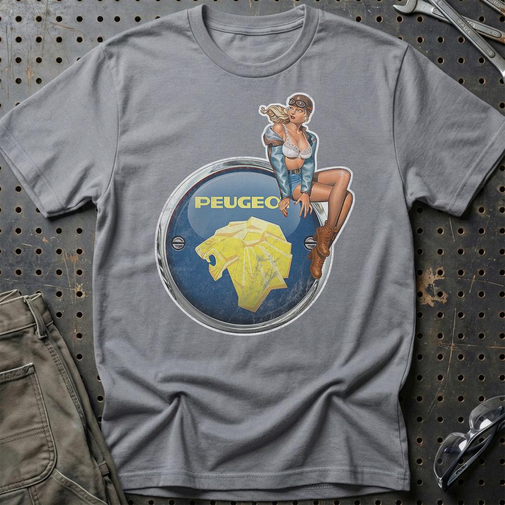 Peugeot Pinup T-Shirt-Beklædning-Peugeot-Grå Sport-S-Garage Culture Shop- garage - man cave - merchandise