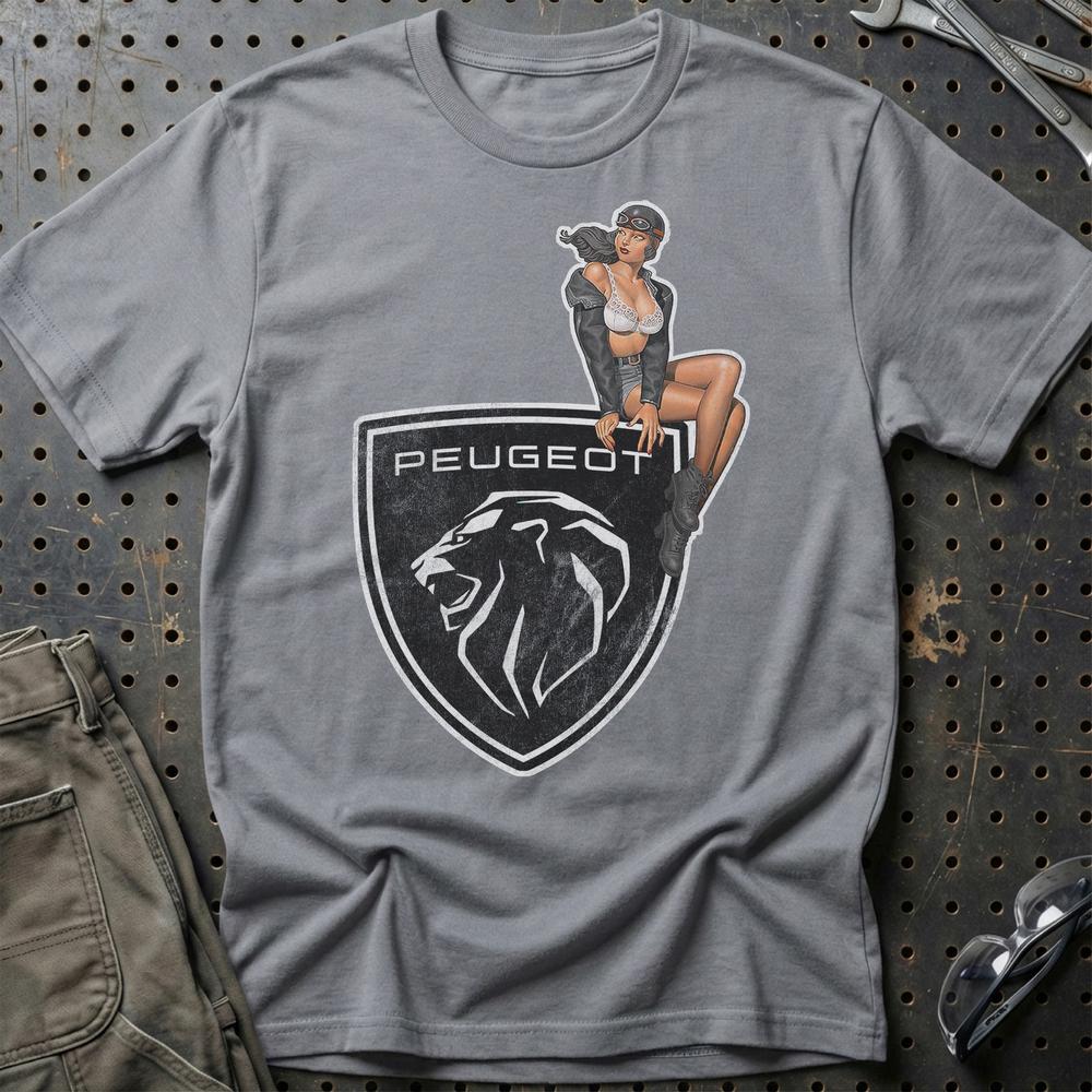 Peugeot Pinup T-Shirt-Beklædning-Peugeot-Grå Sport-S-Garage Culture Shop- garage - man cave - merchandise