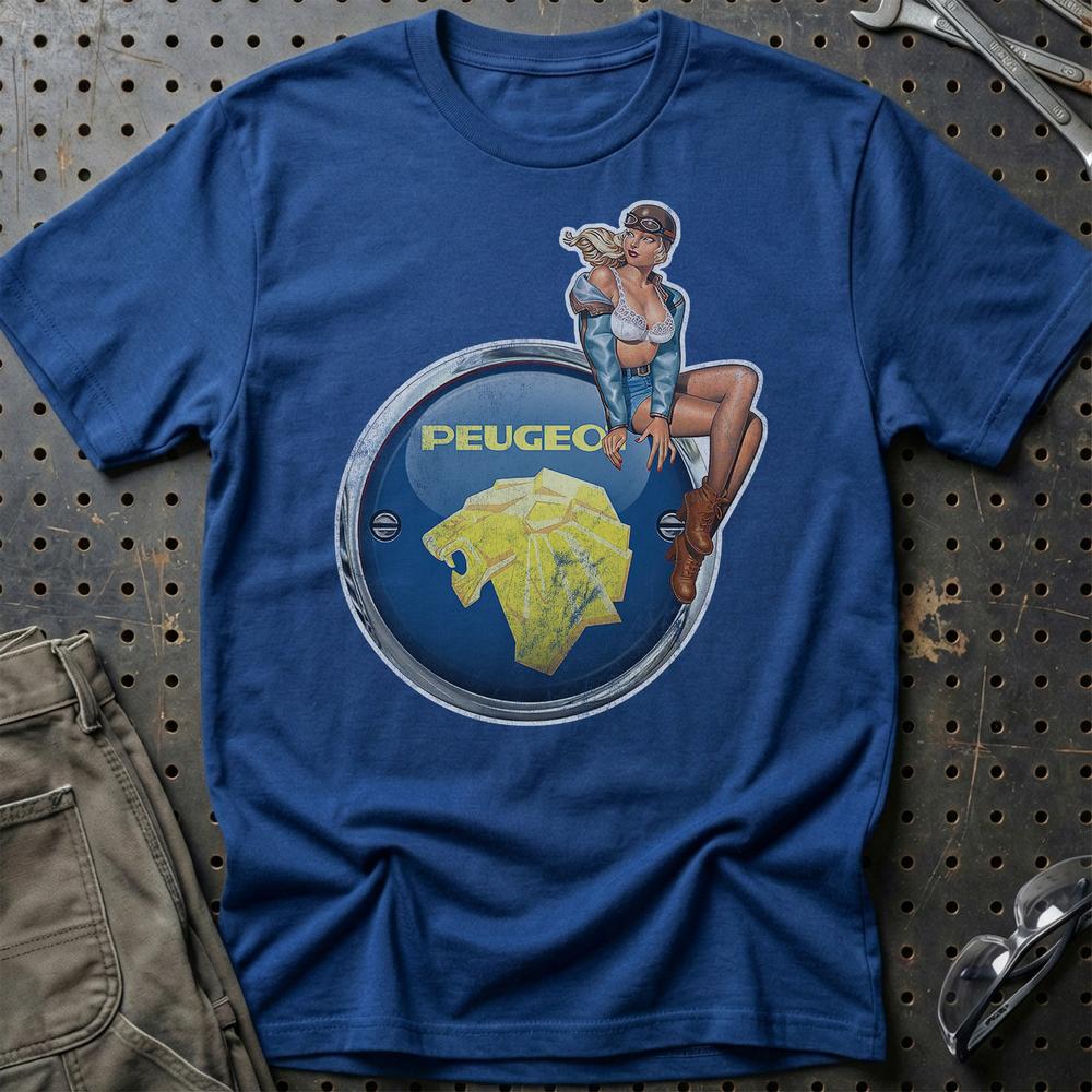 Peugeot Pinup T-Shirt-Beklædning-Peugeot-Blå Royal-S-Garage Culture Shop- garage - man cave - merchandise