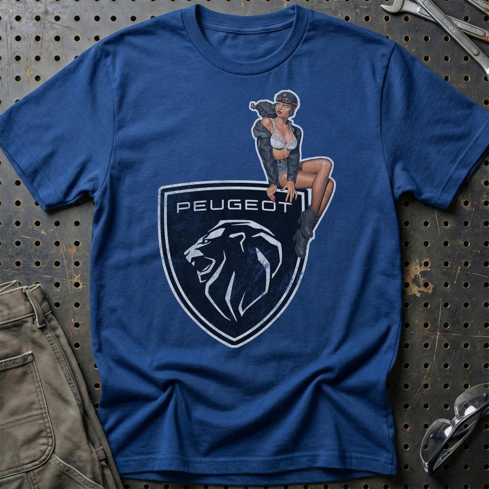 Peugeot Pinup T-Shirt-Beklædning-Peugeot-Blå Royal-S-Garage Culture Shop- garage - man cave - merchandise