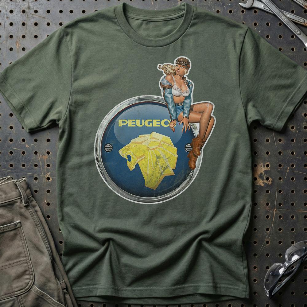 Peugeot Pinup T-Shirt-Beklædning-Peugeot-Grøn Militær-S-Garage Culture Shop- garage - man cave - merchandise