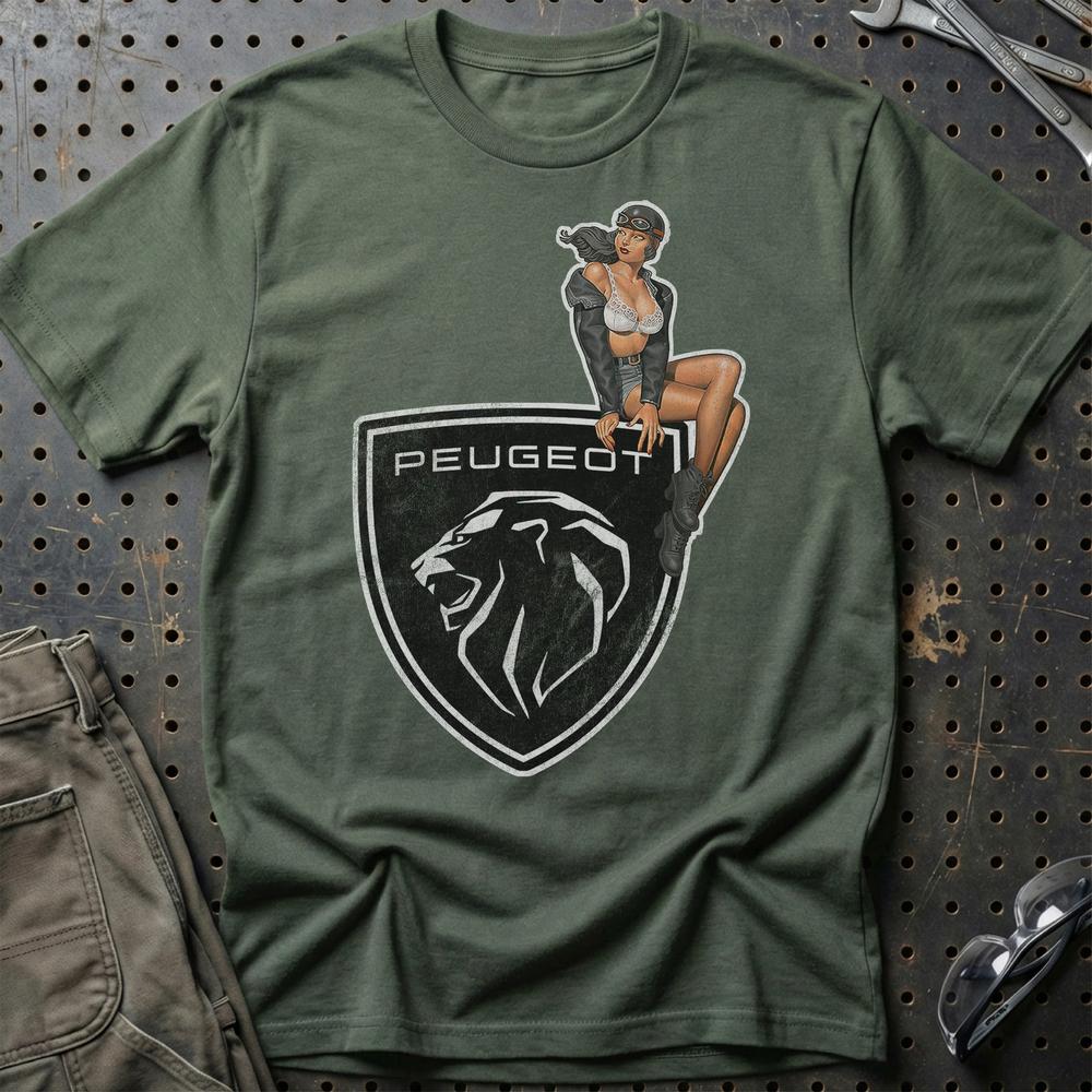 Peugeot Pinup T-Shirt-Beklædning-Peugeot-Grøn Militær-S-Garage Culture Shop- garage - man cave - merchandise