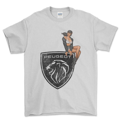 Peugeot Pinup - Unisex T-Shirt , Bomuld-Beklædning-Peugeot-Hvid-S-Forside-Garage Culture Shop- garage - man cave - merchandise