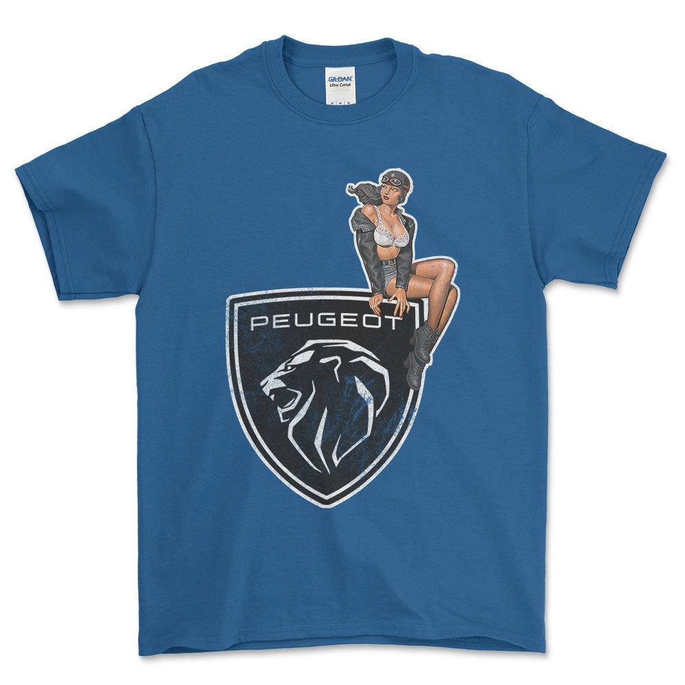 Peugeot Pinup - Unisex T-Shirt , Bomuld-Beklædning-Peugeot-Blå Royal-S-Forside-Garage Culture Shop- garage - man cave - merchandise