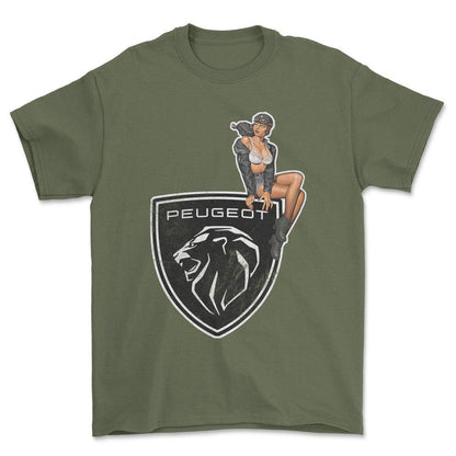 Peugeot Pinup - Unisex T-Shirt , Bomuld-Beklædning-Peugeot-Grøn Militær-S-Forside-Garage Culture Shop- garage - man cave - merchandise