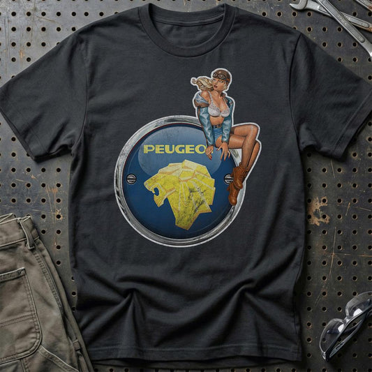 Peugeot Pinup - Unisex T-Shirt , Bomuld-Beklædning-Peugeot-Sort-S-Garage Culture Shop- garage - man cave - merchandise