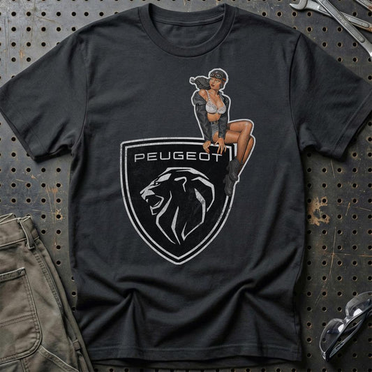 Peugeot Pinup - Unisex T-Shirt , Bomuld-Beklædning-Peugeot-Sort-S-Garage Culture Shop- garage - man cave - merchandise