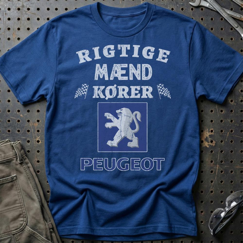 Peugeot Rigtige Mænd Kører T-Shirt-Beklædning-Peugeot-Blå Royal-S-Garage Culture Shop- garage - man cave - merchandise