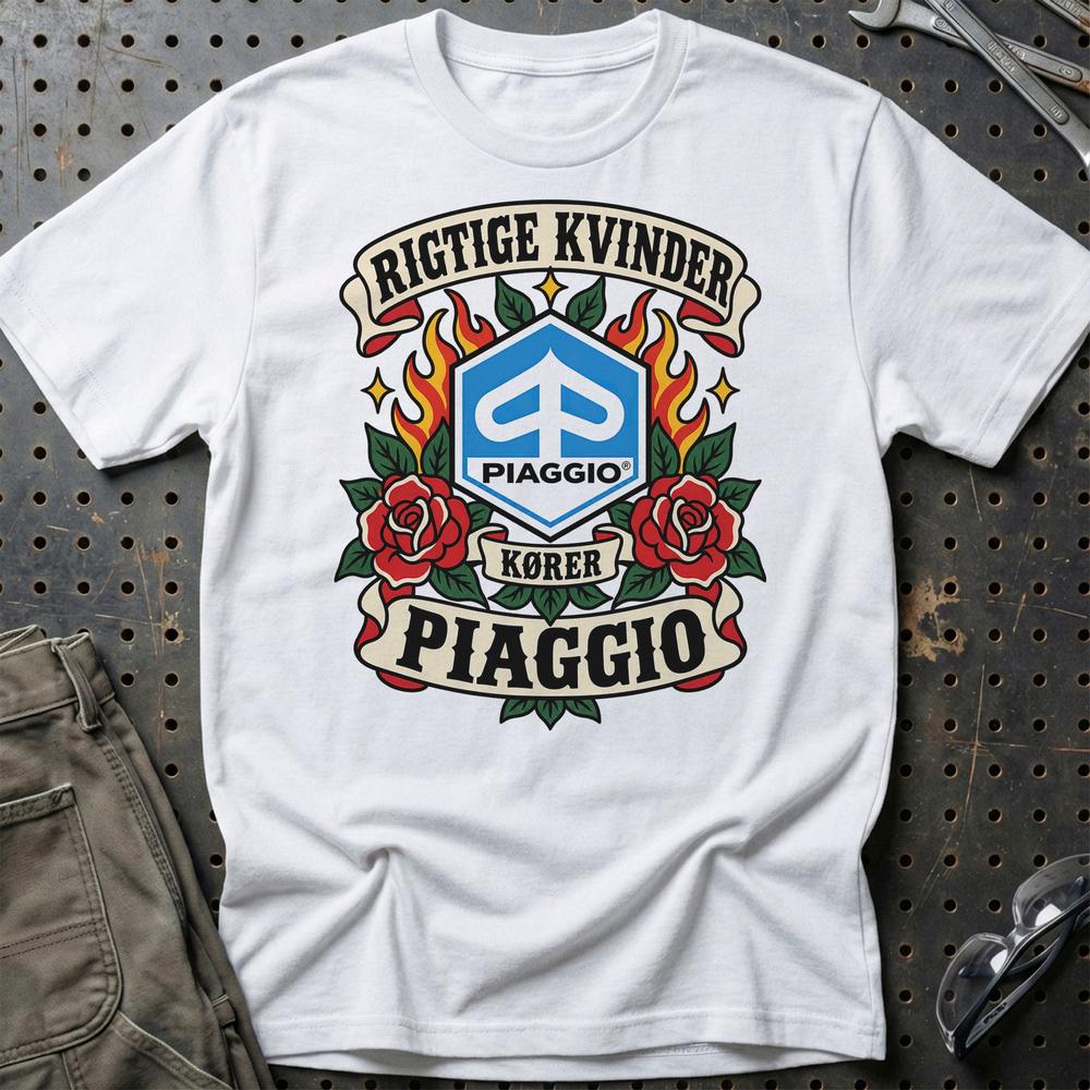 Piaggio Rigtige Kvinder Kører – Roser og Flammer T-Shirt-Beklædning-Piaggio-Hvid-S-Garage Culture Shop- garage - man cave - merchandise
