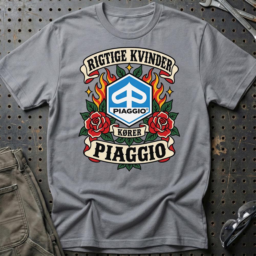 Piaggio Rigtige Kvinder Kører – Roser og Flammer T-Shirt-Beklædning-Piaggio-Grå Sport-S-Garage Culture Shop- garage - man cave - merchandise