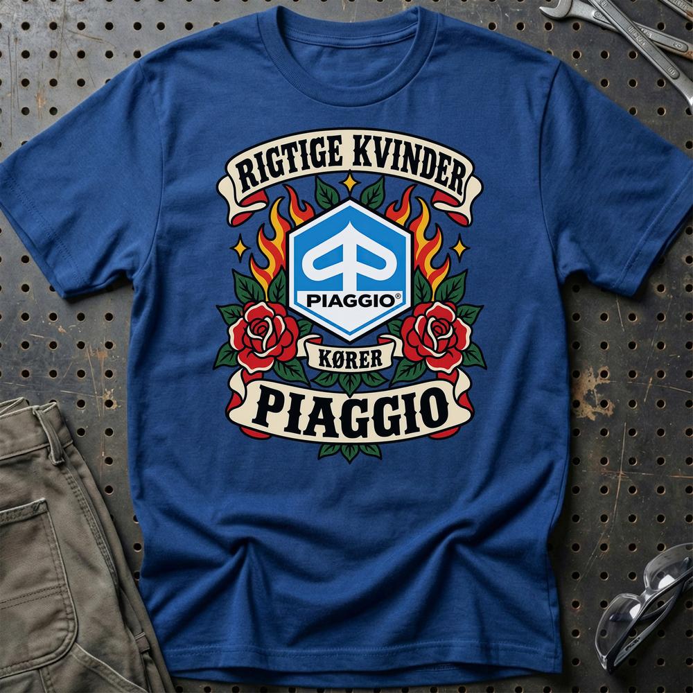 Piaggio Rigtige Kvinder Kører – Roser og Flammer T-Shirt-Beklædning-Piaggio-Blå Royal-S-Garage Culture Shop- garage - man cave - merchandise