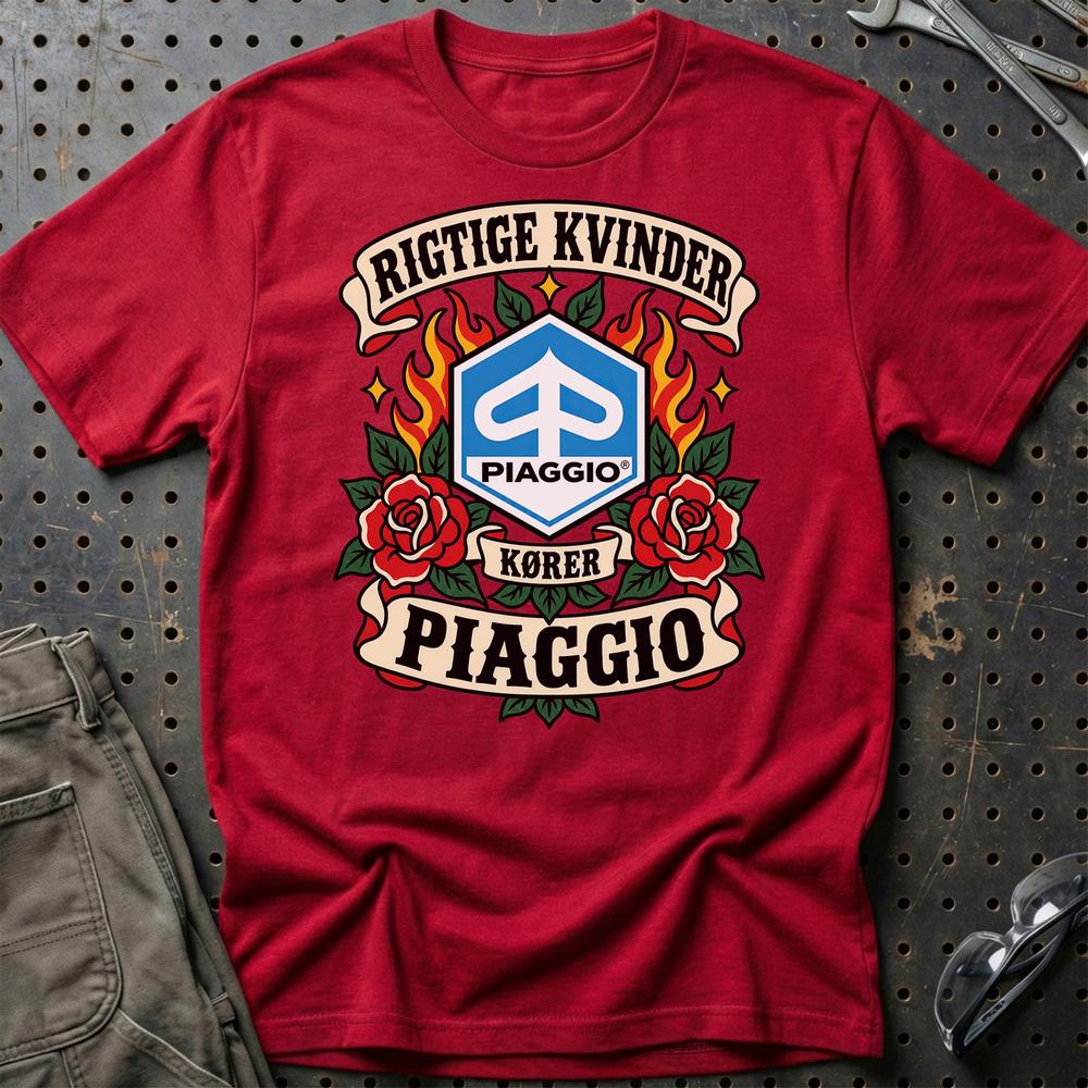 Piaggio Rigtige Kvinder Kører – Roser og Flammer T-Shirt-Beklædning-Piaggio-Rød-S-Garage Culture Shop- garage - man cave - merchandise