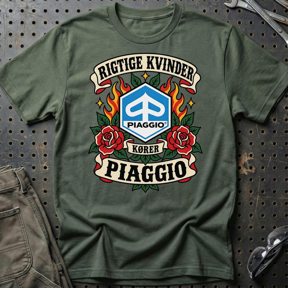 Piaggio Rigtige Kvinder Kører – Roser og Flammer T-Shirt-Beklædning-Piaggio-Grøn Militær-S-Garage Culture Shop- garage - man cave - merchandise