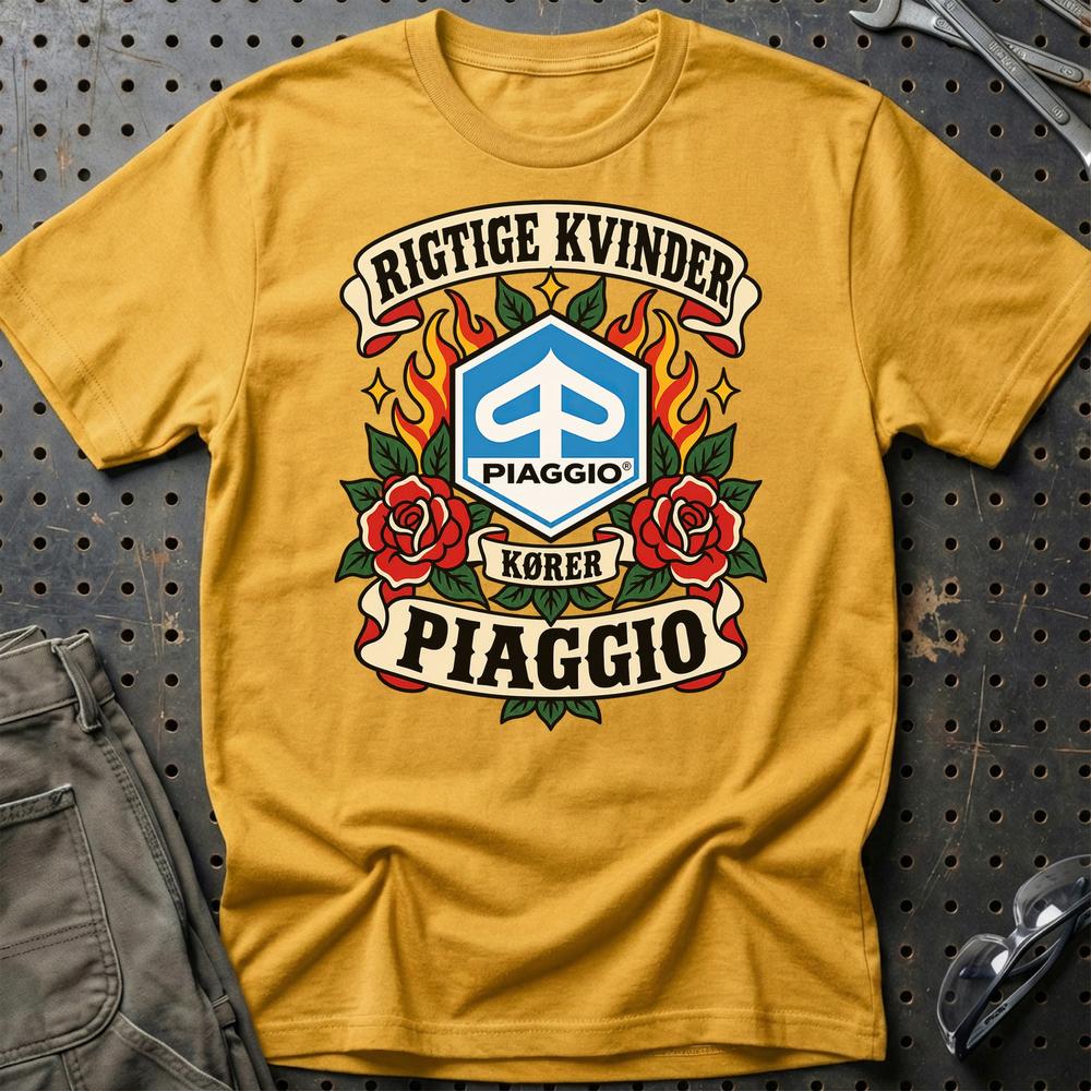 Piaggio Rigtige Kvinder Kører – Roser og Flammer T-Shirt-Beklædning-Piaggio-Guld-S-Garage Culture Shop- garage - man cave - merchandise