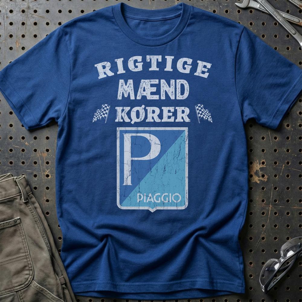 Piaggio Rigtige Mænd Kører T-Shirt-Beklædning-Piaggio-Blå Royal-S-Garage Culture Shop- garage - man cave - merchandise