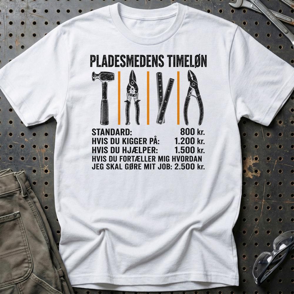 Pladesmedens Timeløn - Unisex T-Shirt , Bomuld-Beklædning-Garage Culture-Hvid-S-Garage Culture Shop- garage - man cave - merchandise