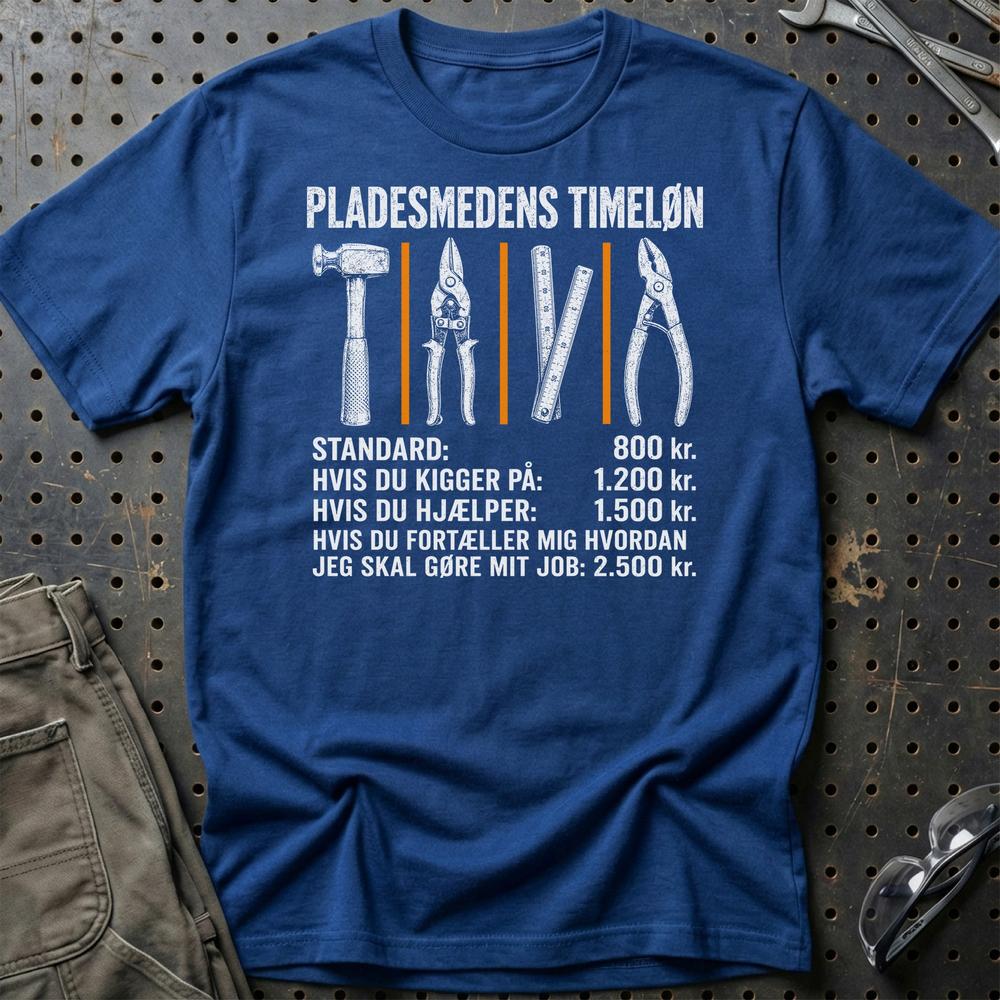 Pladesmedens Timeløn - Unisex T-Shirt , Bomuld-Beklædning-Garage Culture-Blå Royal-S-Garage Culture Shop- garage - man cave - merchandise